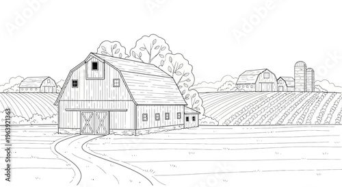 Rural Farm Landscape Sketch with Barn and Fields