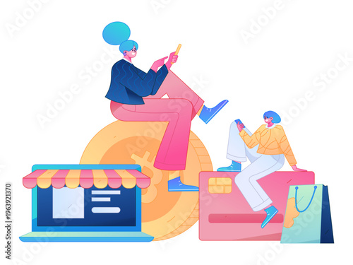 Holiday shopping people doing e-commerce online shopping flat vector concept operation hand drawn illustration
