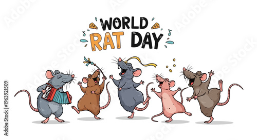Colorful illustration of five dancing rats celebrating World Rat Day with joyful expressions and dynamic poses.
