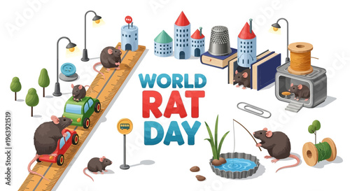 Vector illustration of a whimsical city scene celebrating World Rat Day with playful rats and urban elements in a colorful design.