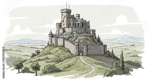 Medieval Castle on Hilltop Illustration