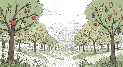 Hand Drawn Orchard Landscape with Fruit Trees and Path