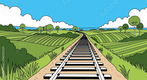 Cartoon Railway Tracks Through Green Fields and Rolling Hills