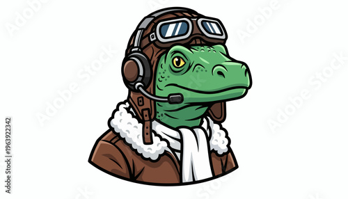 Cool cartoon dinosaur character as a retro pilot with vintage aviator gear, wearing a classic leather jacket, helmet, and goggles, ready for a high-flying adventure
