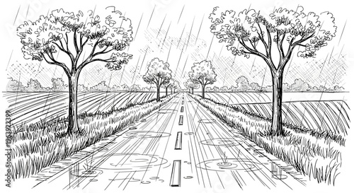 Hand Drawn Sketch of a Rainy Country Road with Trees