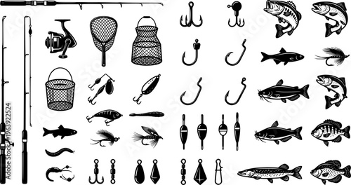 Equipment for fishing set. Fishing rod, floats and other devices for sport fishing. Sketch vector illustration
