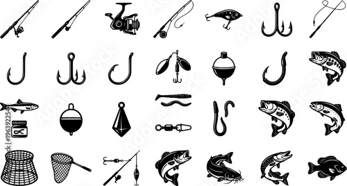 Equipment for fishing set. Fishing rod, floats and other devices for sport fishing. Sketch vector illustration
