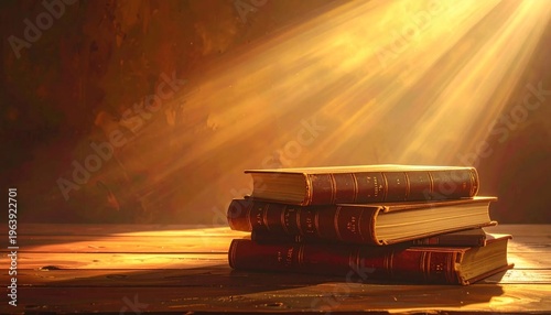 Stack of Old Books Bathed in Golden Light Beams Symbolizing Knowledge.
