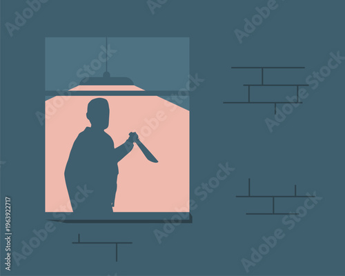 Burglar in an apartment at night with a knife in his hands, against window background. Threat concept.