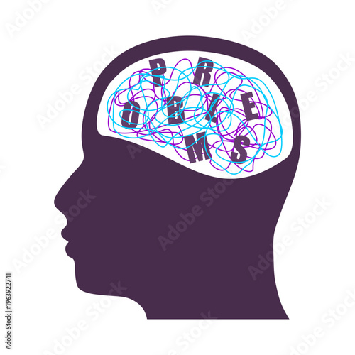 Psychotherapy, stress and psychosis. A man head in profile with a tangled ball of nerves, scribbles symbolizing a depressed state of a person. Psychological help. Personality disorder and depression