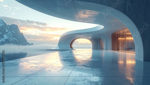 Modern architectural structure with sleek, curved lines, opening to a scenic mountain landscape and a reflecting surface