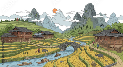 Traditional Chinese Rural Landscape with Rice Terraces and Wooden Houses