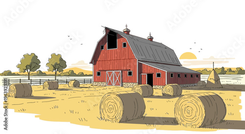 Red Barn Farm Landscape with Hay Bales at Sunset