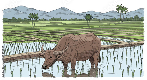 Water Buffalo Standing in a Flooded Rice Paddy Field