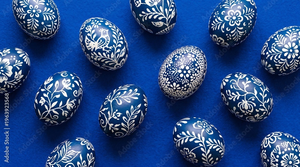 Obraz premium Array of handcrafted blue easter eggs featuring delicate white ornaments and bird motifs on blue felt background perfect for traditional spring themes and holiday visual projects.