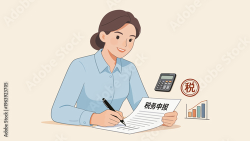 Woman filling tax form with calculator