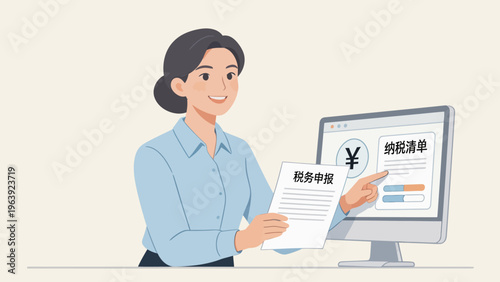 Woman handling tax documents and computer