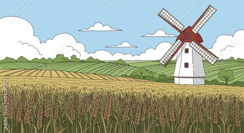 Cartoon Illustration of a Traditional Windmill in a Golden Wheat Field