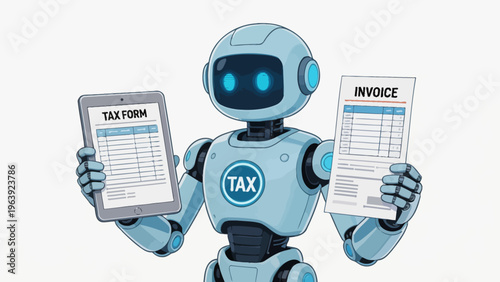Robot holding tax form and invoice