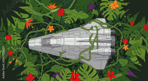 an abandoned spaceship overgrown with lush green vines lies hidden within a vibrant tropical jungle a mysterious sci-fi exploration concept.