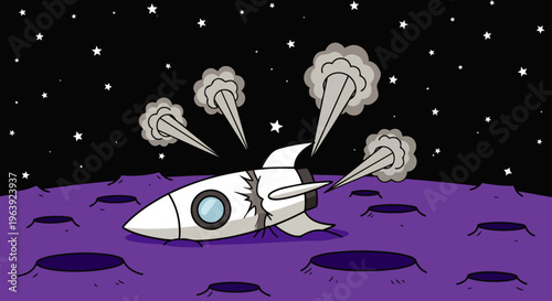 crashed cartoon rocket on a purple alien planet surface emitting smoke into the starry night sky after a space accident