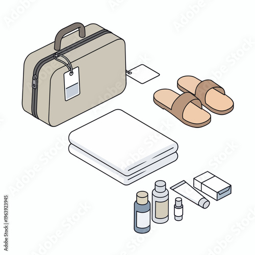 Travel items including a suitcase and spa slippers and toiletries
