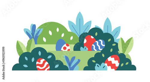 easter egg hunt featuring colorful decorated eggs hidden in lush green spring foliage a charming flat design illustration for holiday celebrations