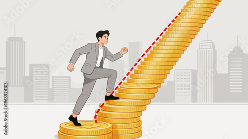 Man climbing stairs of gold coins