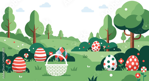 easter egg hunt a festive spring holiday outdoor event featuring decorated eggs and a white basket in a lush green park.