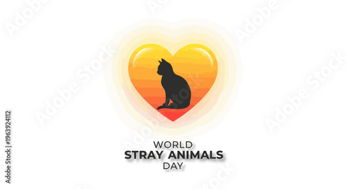Vector illustration of a heart with a cat and dog for World Stray Animals Day awareness campaign with warm orange tones and a flat design style against a clean white background.