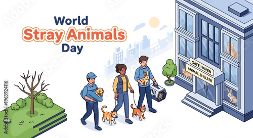 Illustration of people walking dogs and caring for stray animals on World Stray Animals Day with a city building in the background and a green park area to the side.