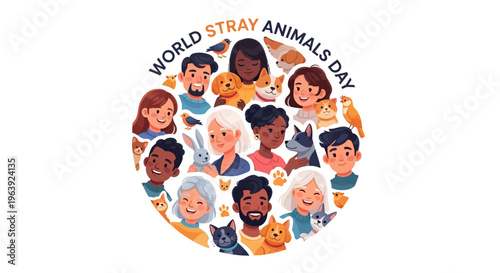 Illustration of diverse people and animals for World Stray Animals Day awareness campaign with a colorful design on a white background.