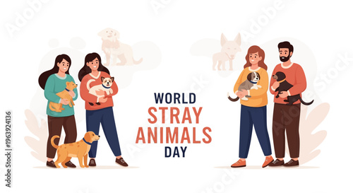 Illustration of people with pets on World Stray Animals Day, promoting awareness and protection for homeless animals in a colorful design.