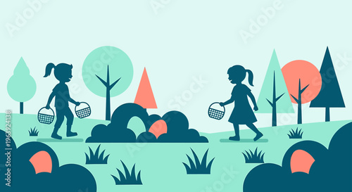 easter egg hunt with two playful children silhouettes walking through a stylized flat design park holding baskets
