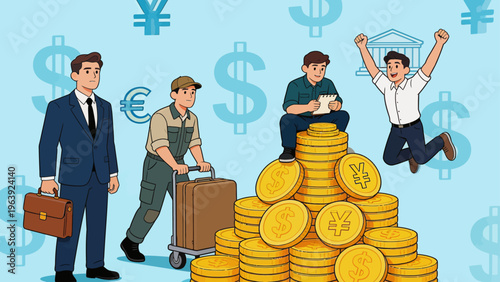 Four men with a pile of coins