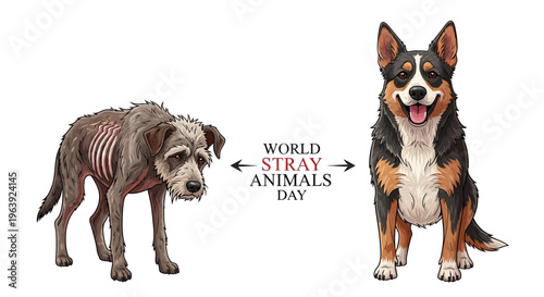Illustration of a malnourished dog transforming into a healthy dog for World Stray Animals Day awareness campaign with a white background