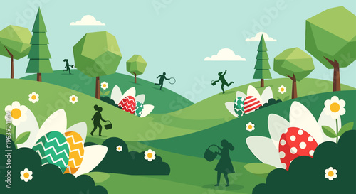 easter egg hunt fun children and kids explore green spring hills collecting decorated eggs during a joyful holiday.