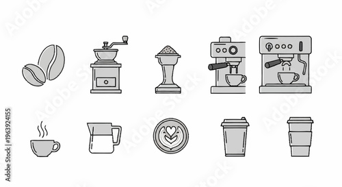 Coffee Brewing Icons - Beans, Grinder, Tamper, Espresso Machine, and Cups.