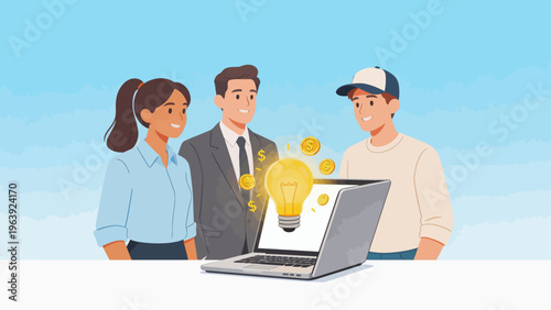 Three people with laptop and lightbulb