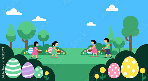 kids enjoying an easter egg hunt in a vibrant spring park collecting colorful eggs in baskets a cheerful flat design outdoor activity
