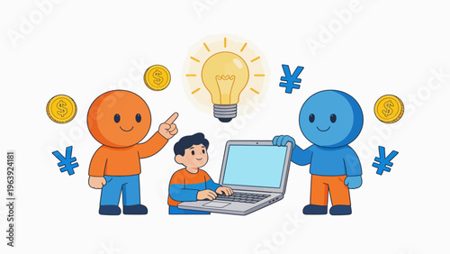 cartoon characters with laptop and money symbols