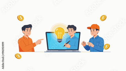 Three people collaborating on a laptop idea