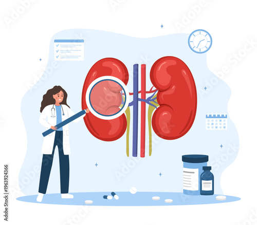 Nephrologist concept. Kidney health. Female doctor with large magnifier examines internal organs. Vector illustration in flat cartoon style.
