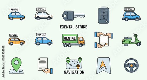 Car Rental Icons - Vehicle Options, Key, Contract, Navigation, and Steering Wheel.