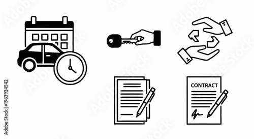 Car Rental Process Icons - Scheduling, Key Exchange, Damage Assessment, and Contract Signing.