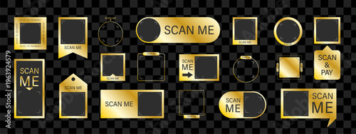 Scan me Frame. Retail shopping sticker. Blank barcode and QR code for mobile payment. Set of Luxury Gold Payment stickers. Vector illustration.