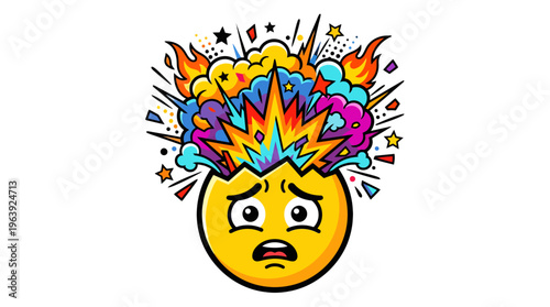 Exploding head emoji bursting with colorful thoughts and fiery stress
