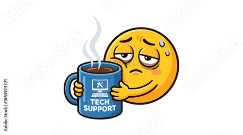 Stressed emoji holding tech support coffee mug