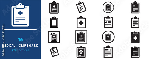 Medical clipboard icon set, 16 healthcare document symbols in EPS format, clinical patient record and hospital report graphics