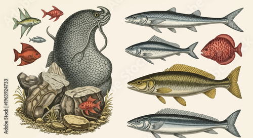 Vintage Illustration of Various Fish and Sea Creature